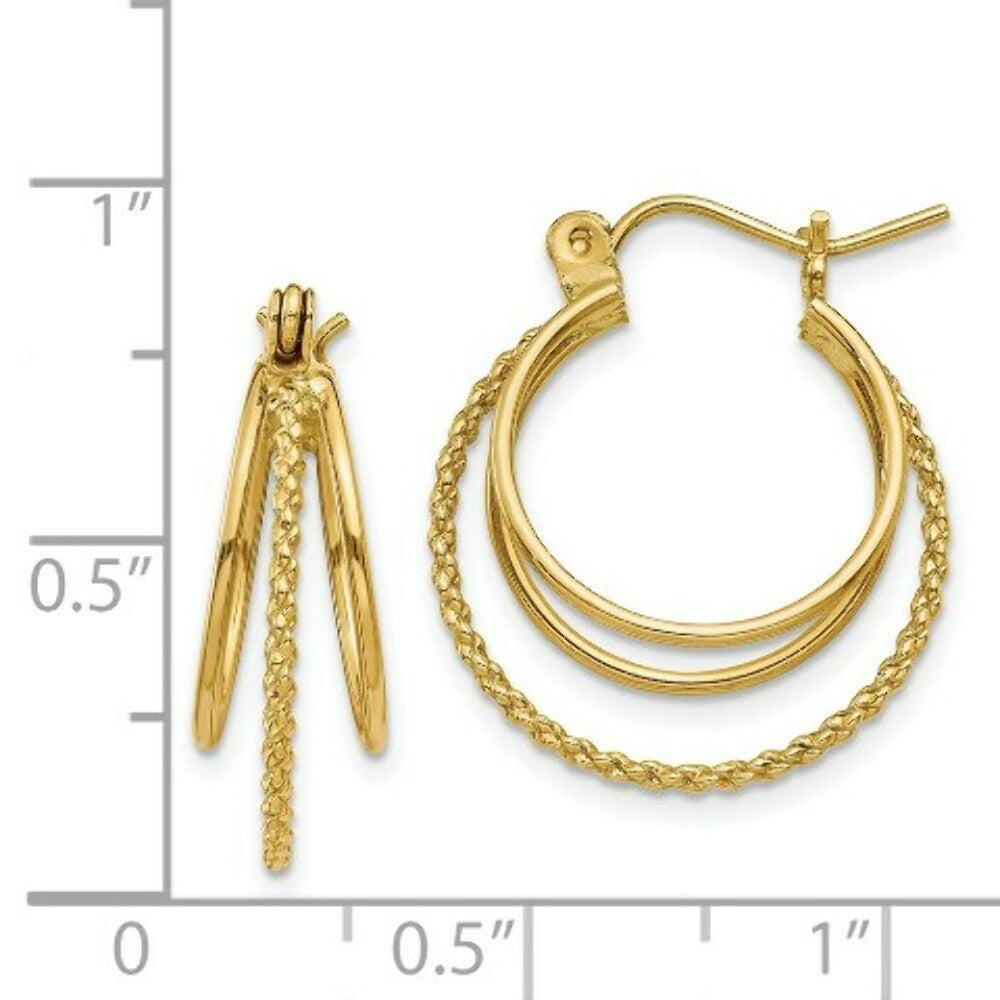 14K Yellow Gold Polished and Textured Circle Hoop Earrings  18mm width