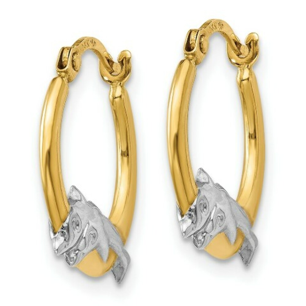 14K Yellow Gold & Rhodium Dolphin Hoop Earrings  14mm width