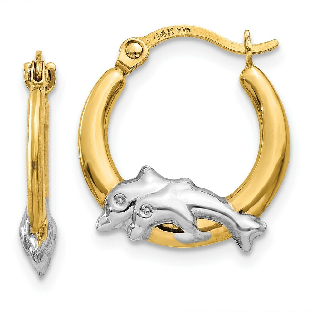 14K Yellow Gold & Rhodium Dolphin Hoop Earrings  14mm width