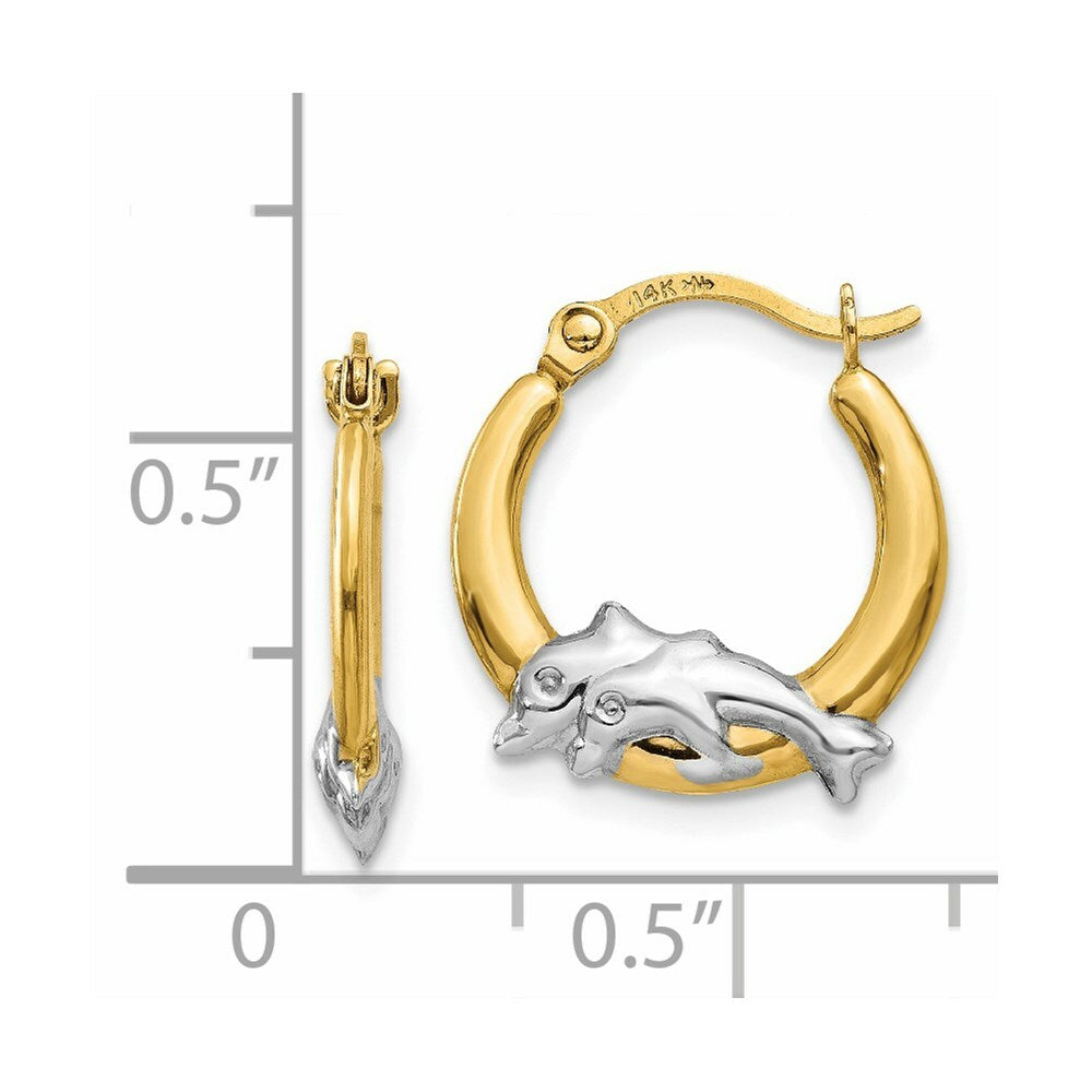 14K Yellow Gold & Rhodium Dolphin Hoop Earrings  14mm width
