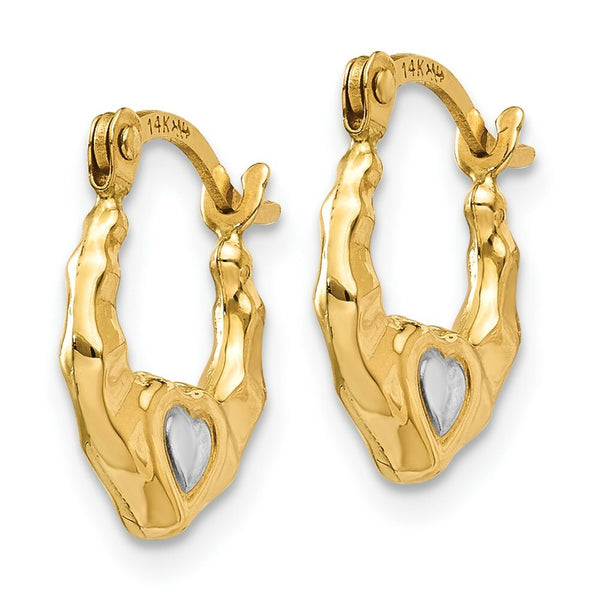 14K Yellow Gold & Rhodium Heart Hollow Hoop Earrings  10mm width