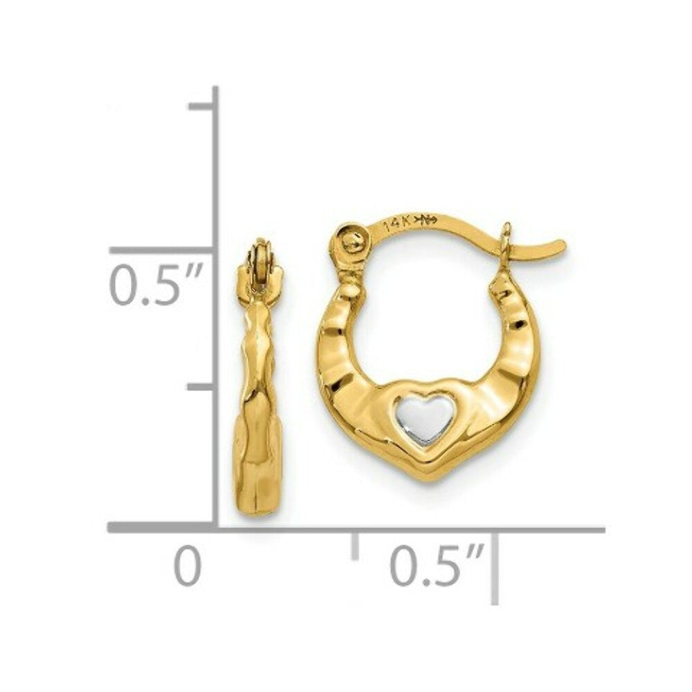 14K Yellow Gold & Rhodium Heart Hollow Hoop Earrings  10mm width
