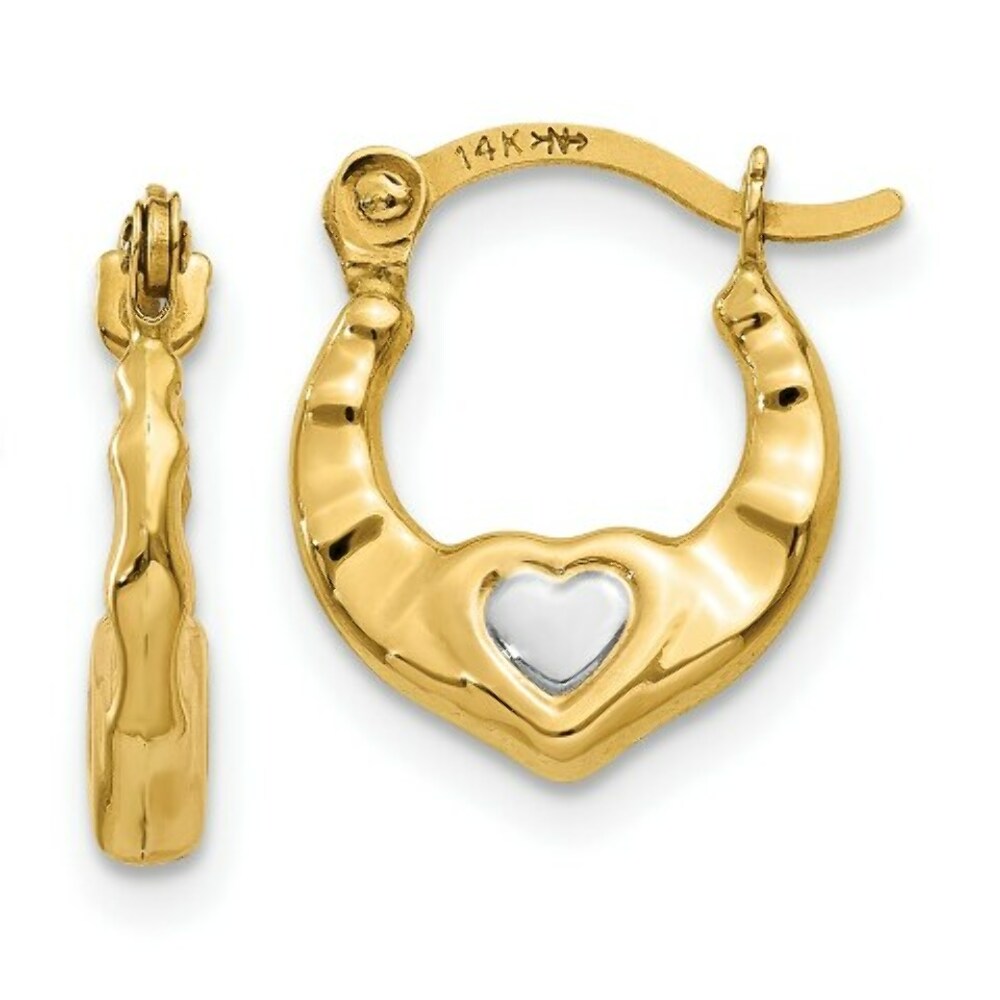 14K Yellow Gold & Rhodium Heart Hollow Hoop Earrings  10mm width