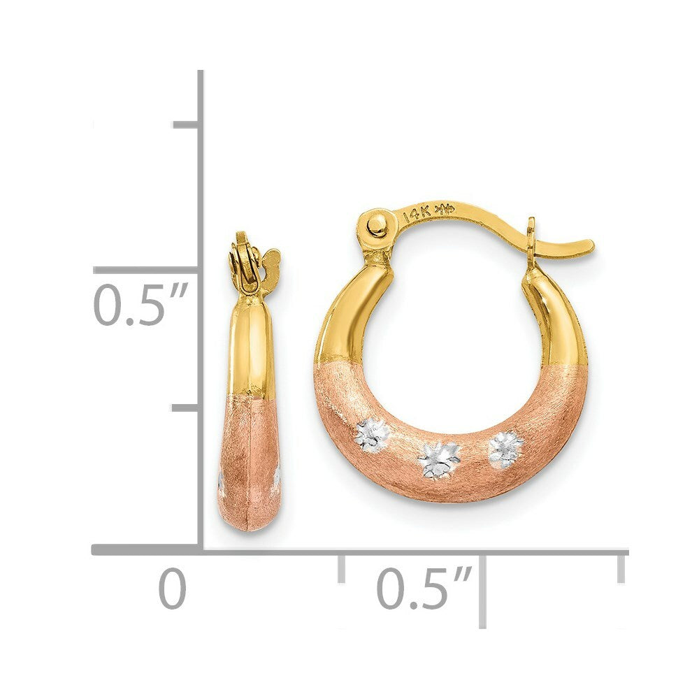 14K Yellow Gold & White and Rose Rhodium Flower Hoop Earrings  12mm width