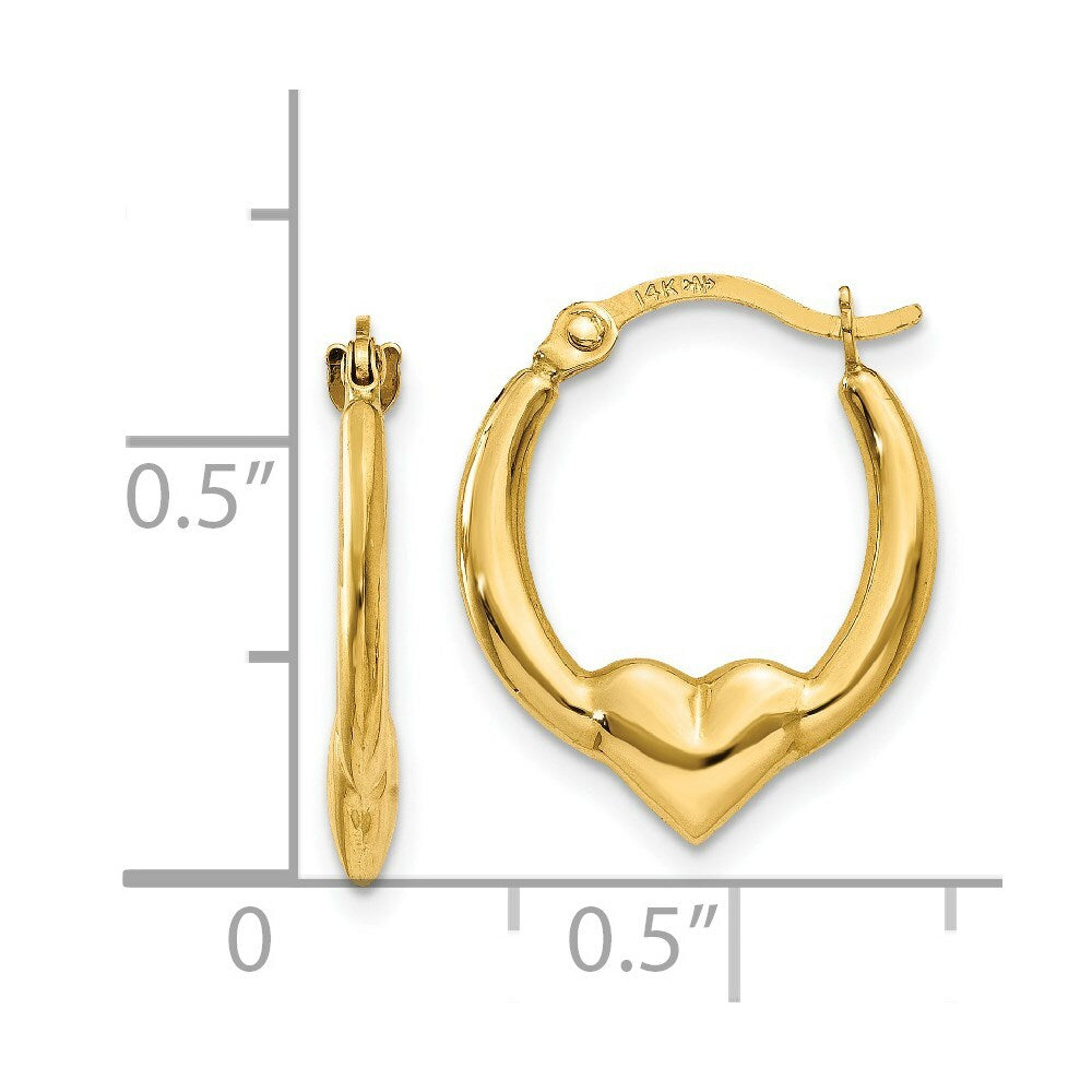 14K Yellow Gold Heart Hoop Earrings  13mm width