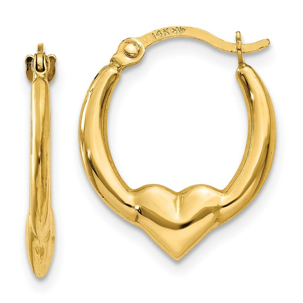 14K Yellow Gold Heart Hoop Earrings  13mm width