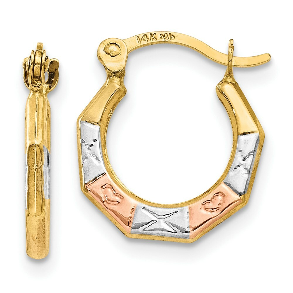 14K Yellow Gold & White and Rose Rhodium Hoop Earrings  11mm width