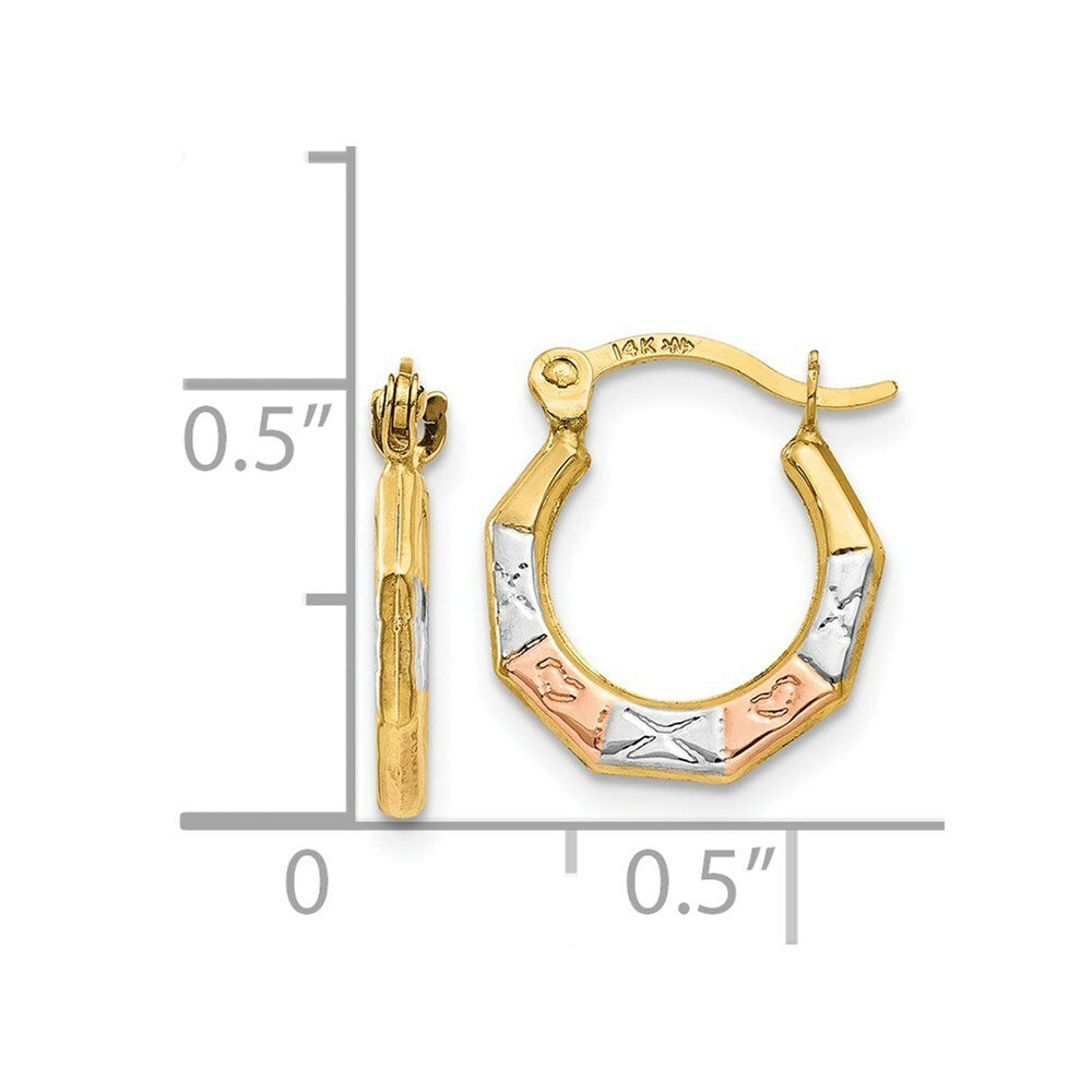 14K Yellow Gold & White and Rose Rhodium Hoop Earrings  11mm width