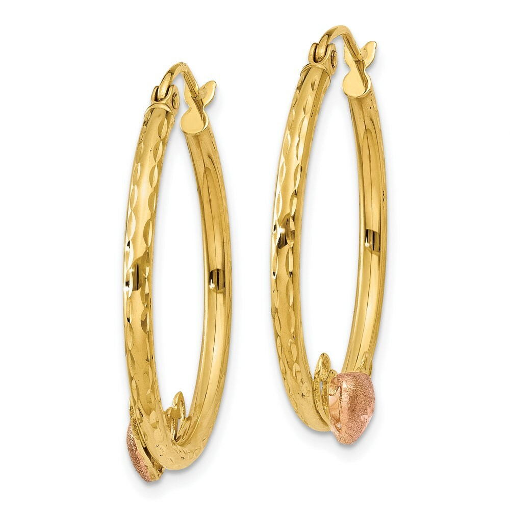 14K Yellow Gold & Rose Rhodium Heart Diamond-cut Hoop Earrings 24mm width
