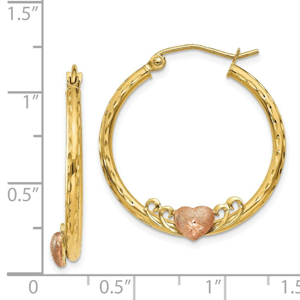 14K Yellow Gold & Rose Rhodium Heart Diamond-cut Hoop Earrings 24mm width