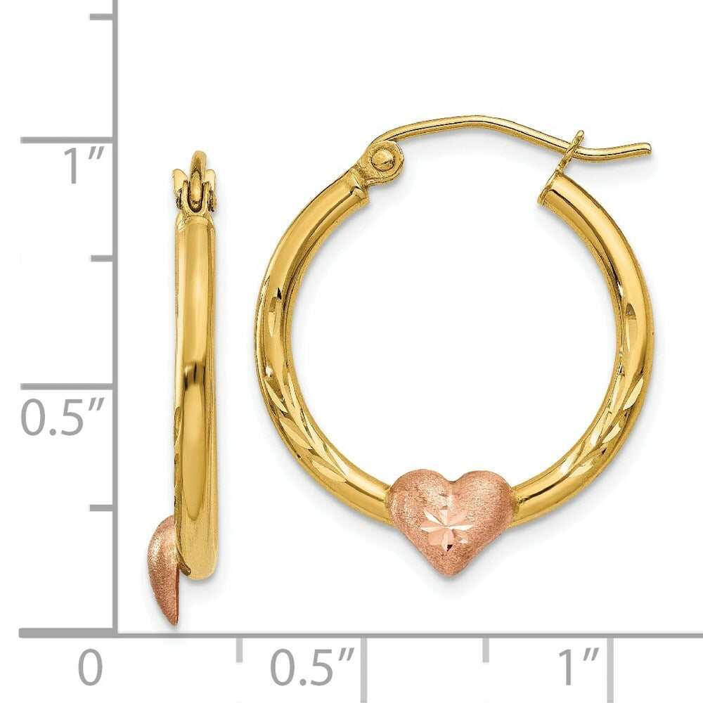 14K Yellow Gold Yellow & Rose Gold Heart Hoop Earrings  20mm width
