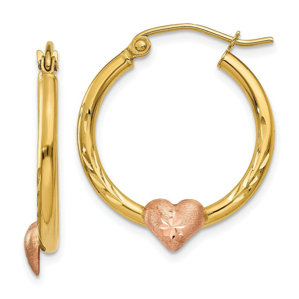 14K Yellow Gold Yellow & Rose Gold Heart Hoop Earrings  20mm width