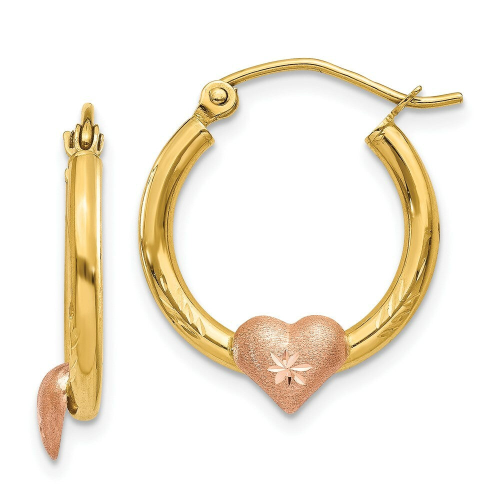 14K Yellow Gold Yellow & Rose Gold Heart Diamond-cut Hoop Earrings  17mm width