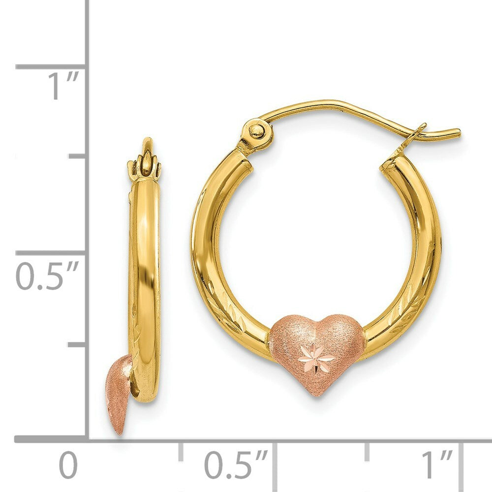 14K Yellow Gold Yellow & Rose Gold Heart Diamond-cut Hoop Earrings  17mm width