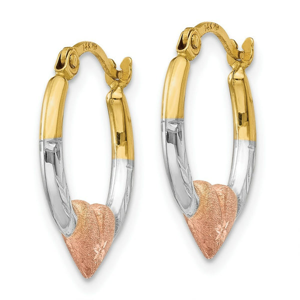 14K Yellow Gold & White and Rose Rhodium Heart Hoop Earrings 14mm width