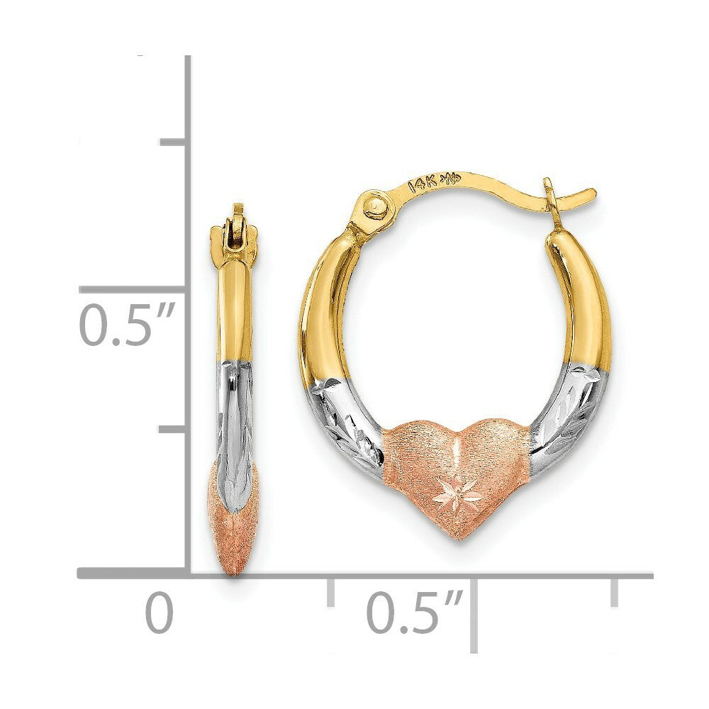 14K Yellow Gold & White and Rose Rhodium Heart Hoop Earrings 14mm width