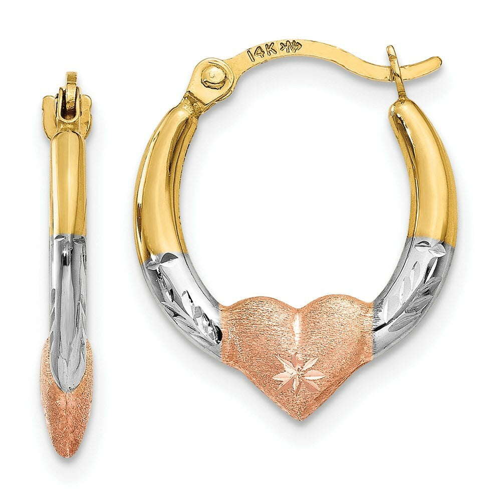 14K Yellow Gold & White and Rose Rhodium Heart Hoop Earrings 14mm width