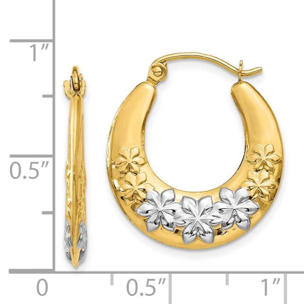 14K Yellow Gold & Rhodium Hollow Flowers Hoop Earrings  19mm width