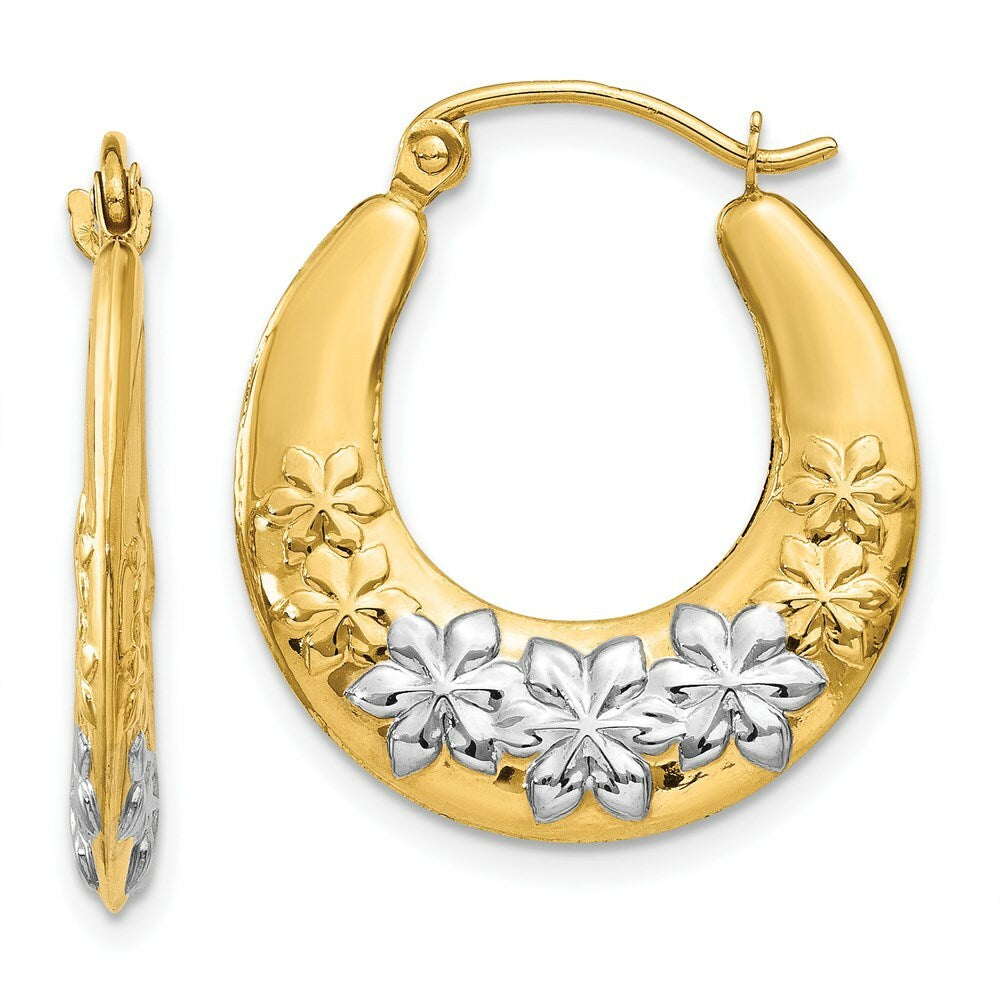 14K Yellow Gold & Rhodium Hollow Flowers Hoop Earrings  19mm width
