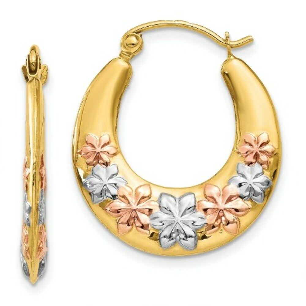 14K Yellow Gold & White and Rose Rhodium Hollow Flowers Hoop Earrings  19mm width