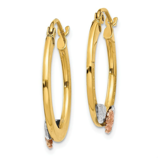 14K Yellow Gold Yellow & Rose Gold w/ Rhodium Diamond Cut Flower Hoop Earrings 20mm width