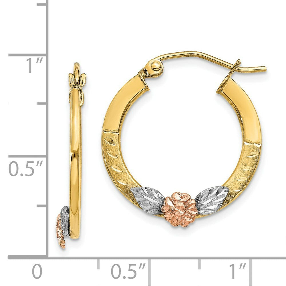 14K Yellow Gold Yellow & Rose Gold w/ Rhodium Diamond Cut Flower Hoop Earrings 20mm width
