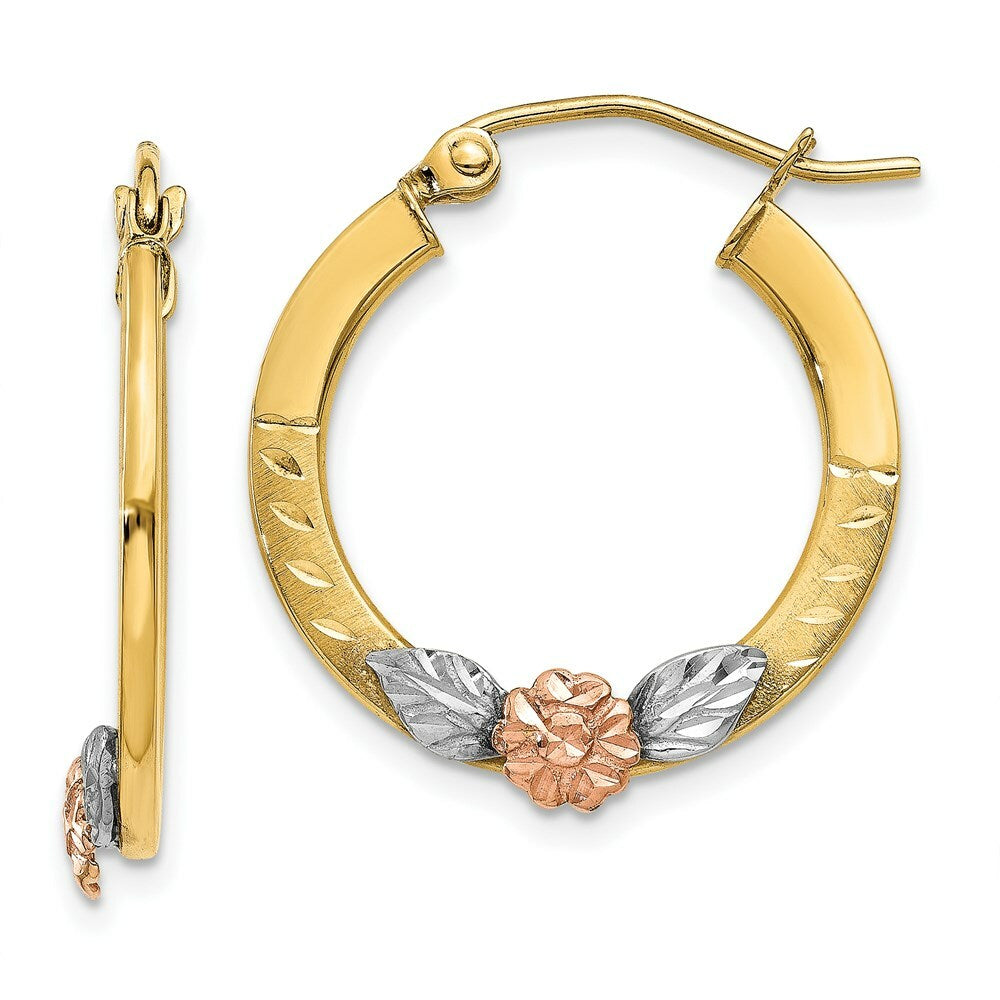 14K Yellow Gold Yellow & Rose Gold w/ Rhodium Diamond Cut Flower Hoop Earrings 20mm width