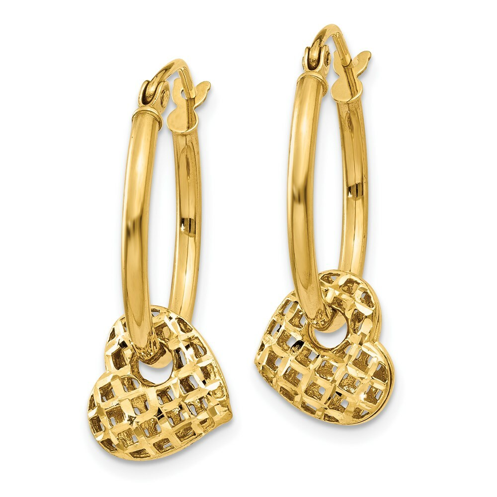 14K Yellow Gold Moveable Heart Hoop Earrings  19mm width