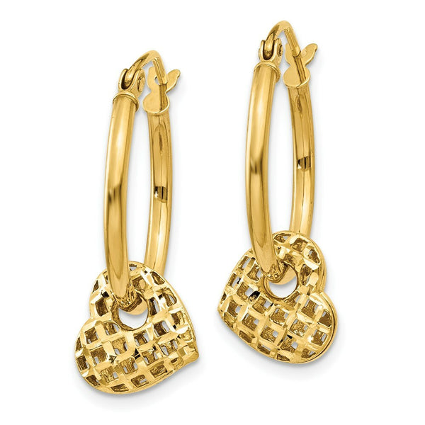 14K Yellow Gold Moveable Heart Hoop Earrings  19mm width