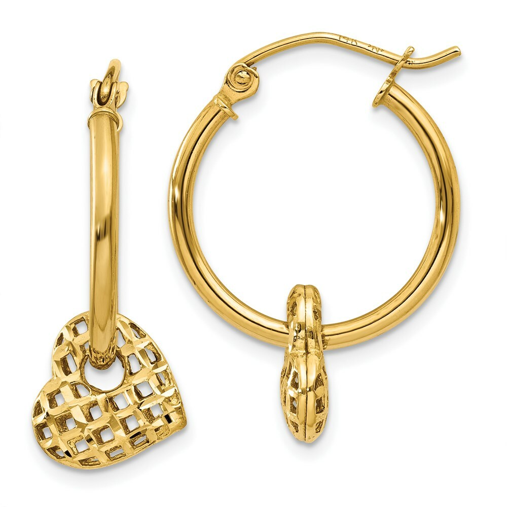 14K Yellow Gold Moveable Heart Hoop Earrings  19mm width