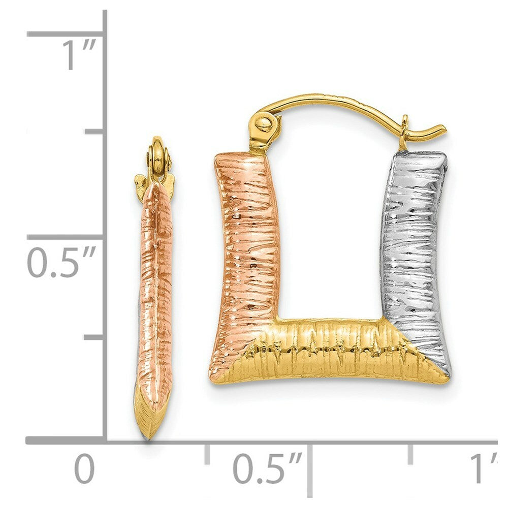 14K Yellow Gold & White & Rose Rhodium Hollow Textured Square Hoop Earrings  15mm width