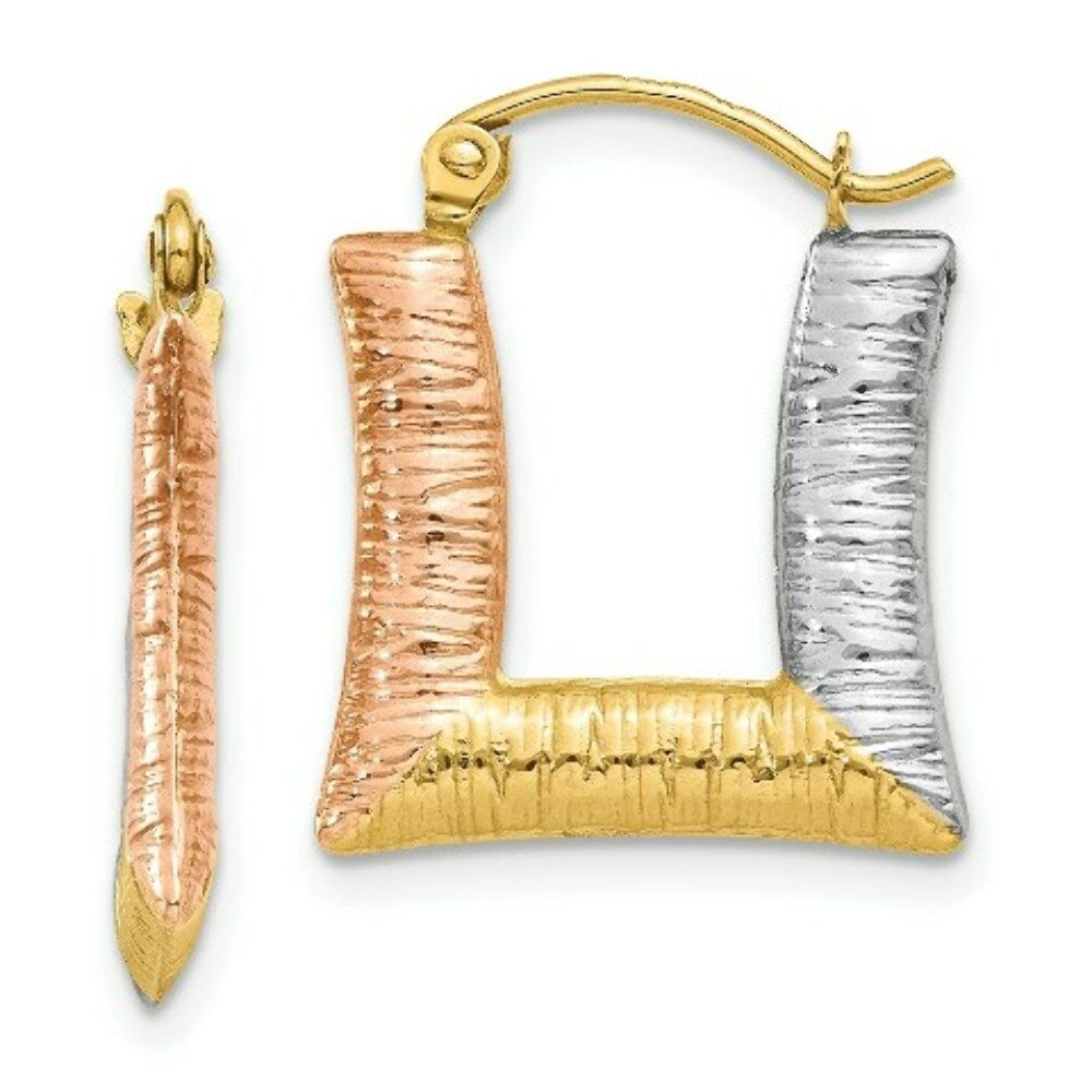 14K Yellow Gold & White & Rose Rhodium Hollow Textured Square Hoop Earrings  15mm width