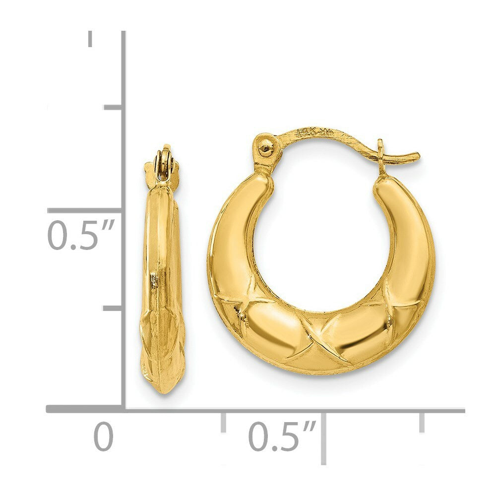 14K Yellow Gold Hollow X Hoop Earrings  14mm width