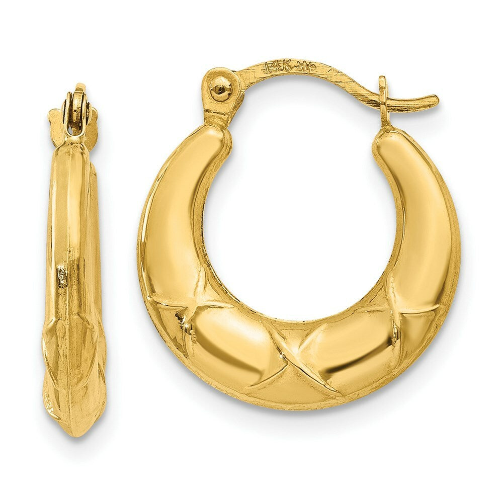 14K Yellow Gold Hollow X Hoop Earrings  14mm width