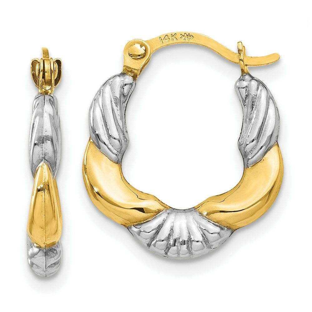 14K Yellow Gold & Rhodium Hollow Scalloped Hoop Earrings  13mm width