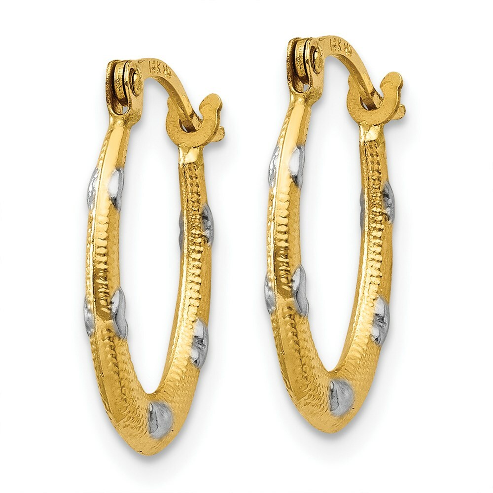 14K Yellow Gold Rhodium Textured Hollow Oval w/ Hearts Hoop Earrings  11mm width