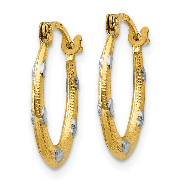 14K Yellow Gold Rhodium Textured Hollow Oval w/ Hearts Hoop Earrings  11mm width