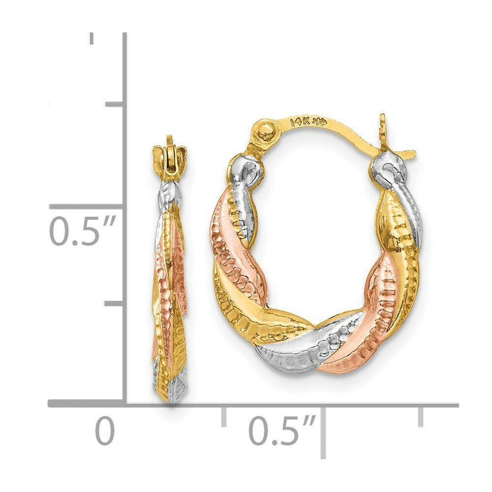 14K Yellow Gold & White and Rose Rhodium Hollow Scalloped Hoop Earrings  13mm width