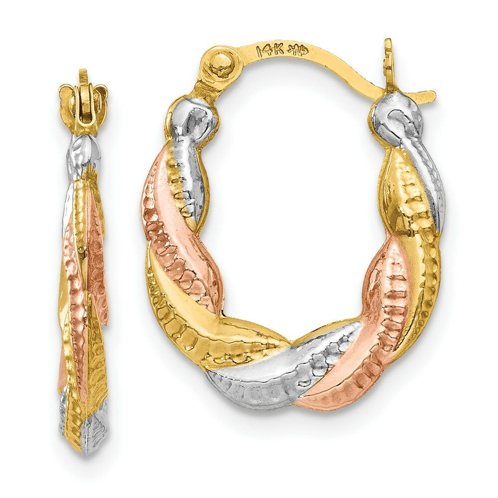 14K Yellow Gold & White and Rose Rhodium Hollow Scalloped Hoop Earrings  13mm width