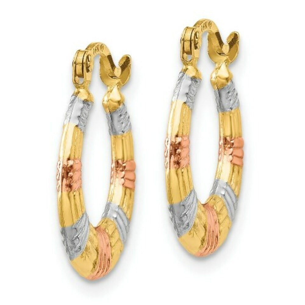 14K Yellow Gold & White and Rose Rhodium Hollow Textured Hoop Earrings  14mm width