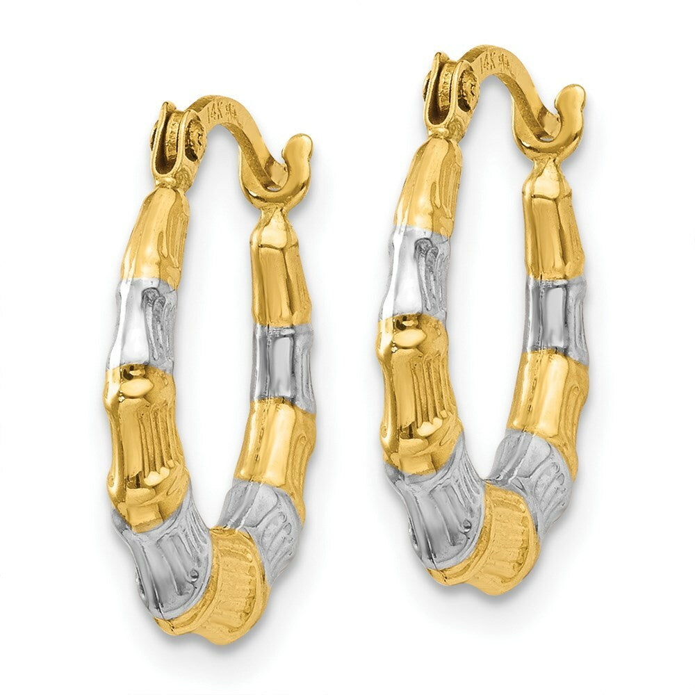 14K Yellow Gold & Rhodium Hollow Bamboo Hoop Earrings  13mm width