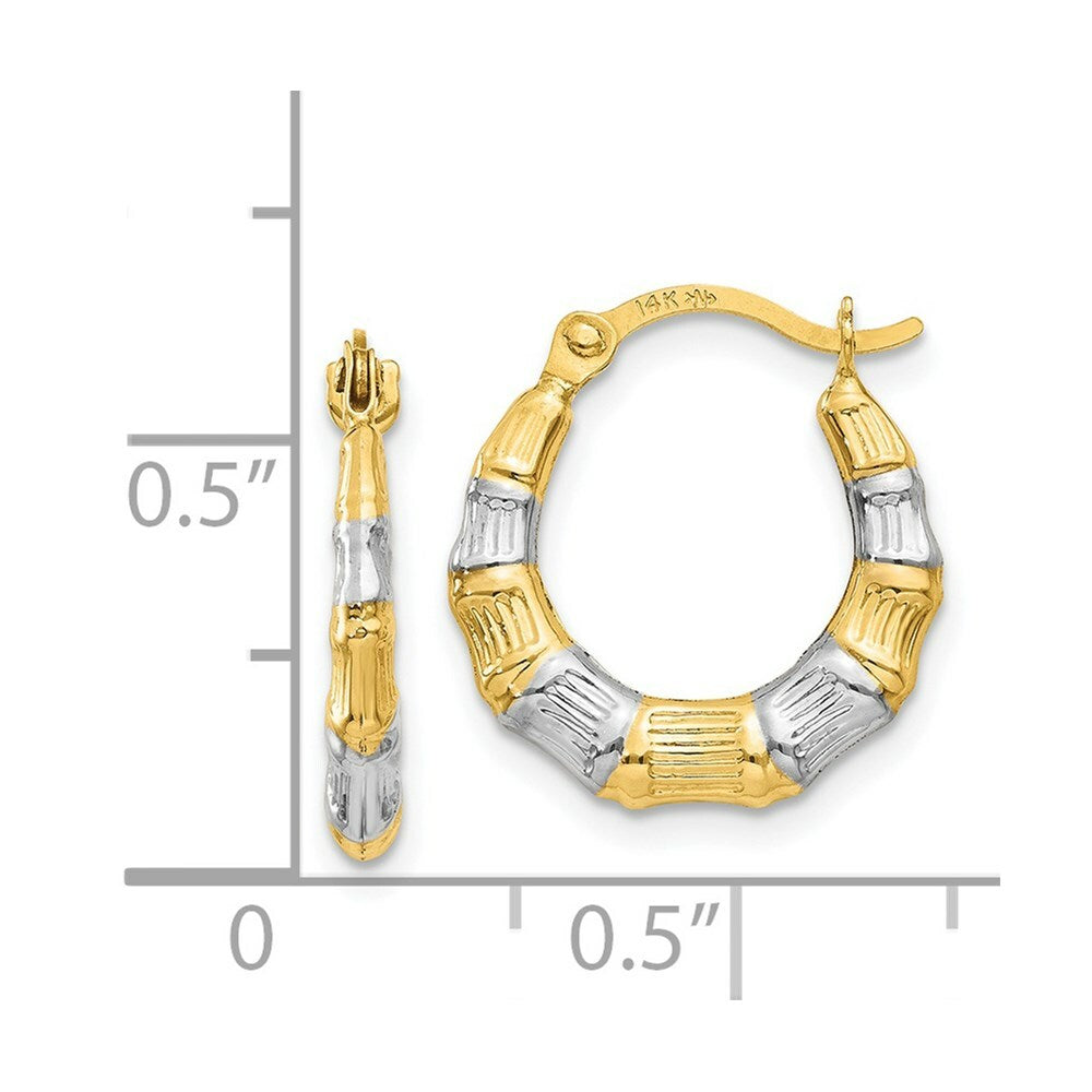 14K Yellow Gold & Rhodium Hollow Bamboo Hoop Earrings  13mm width