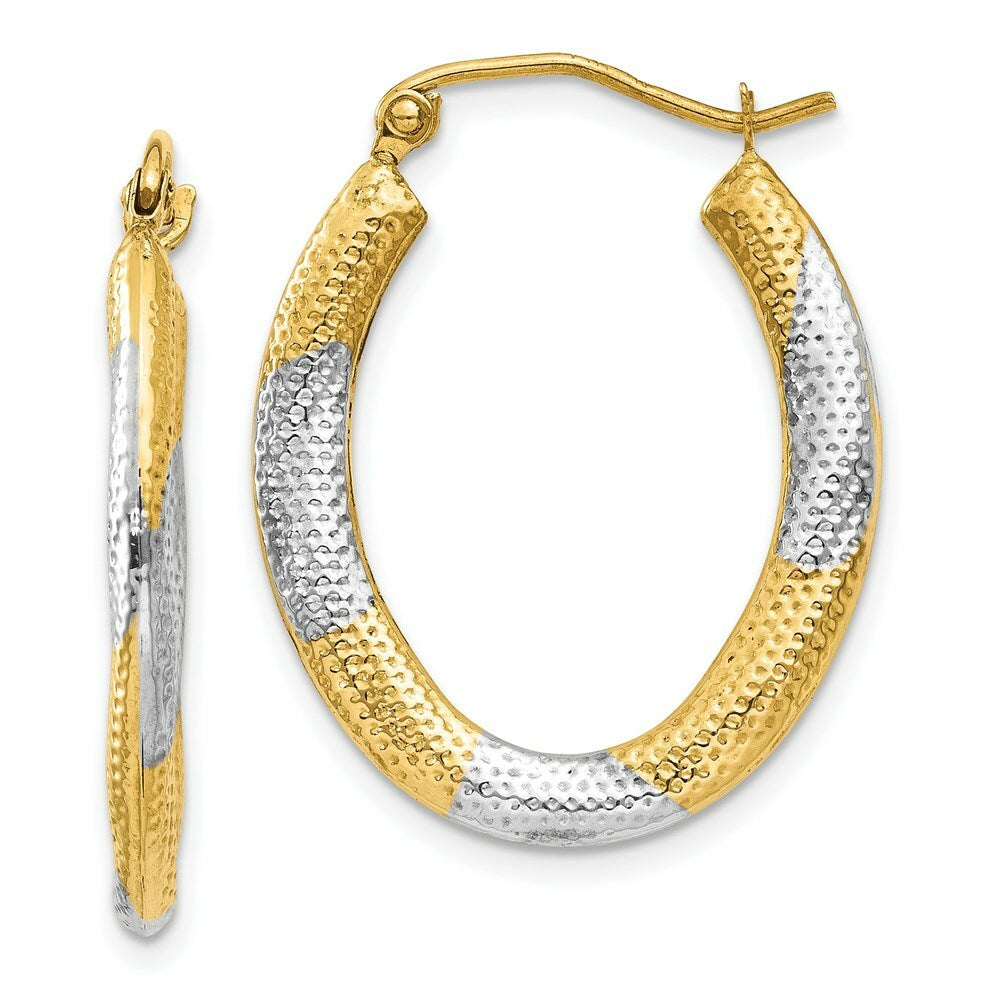 14K Yellow Gold & Rhodium Textured Hollow Oval Hoop Earrings  20mm width