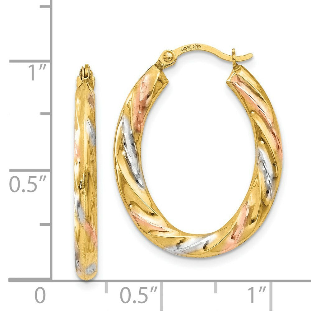 14K Yellow Gold & White & Rose Rhodium Oval Hollow Scallop Hoop Earrings  19mm width