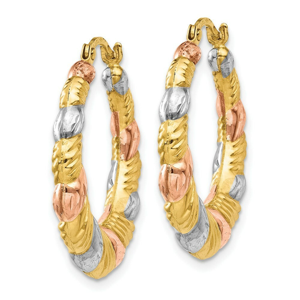 14K Yellow Gold & White and Rose Rhodium Hollow Scalloped Hoop Earrings  22mm width