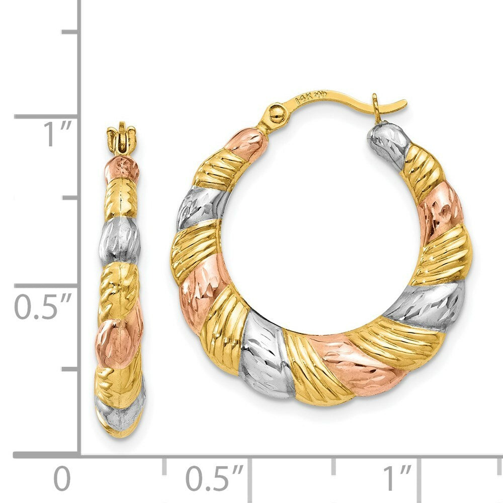 14K Yellow Gold & White and Rose Rhodium Hollow Scalloped Hoop Earrings  22mm width