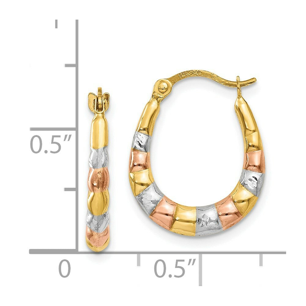 14K Yellow Gold & White and Rose Rhodium Hollow Scalloped Hoop Earrings  14mm width