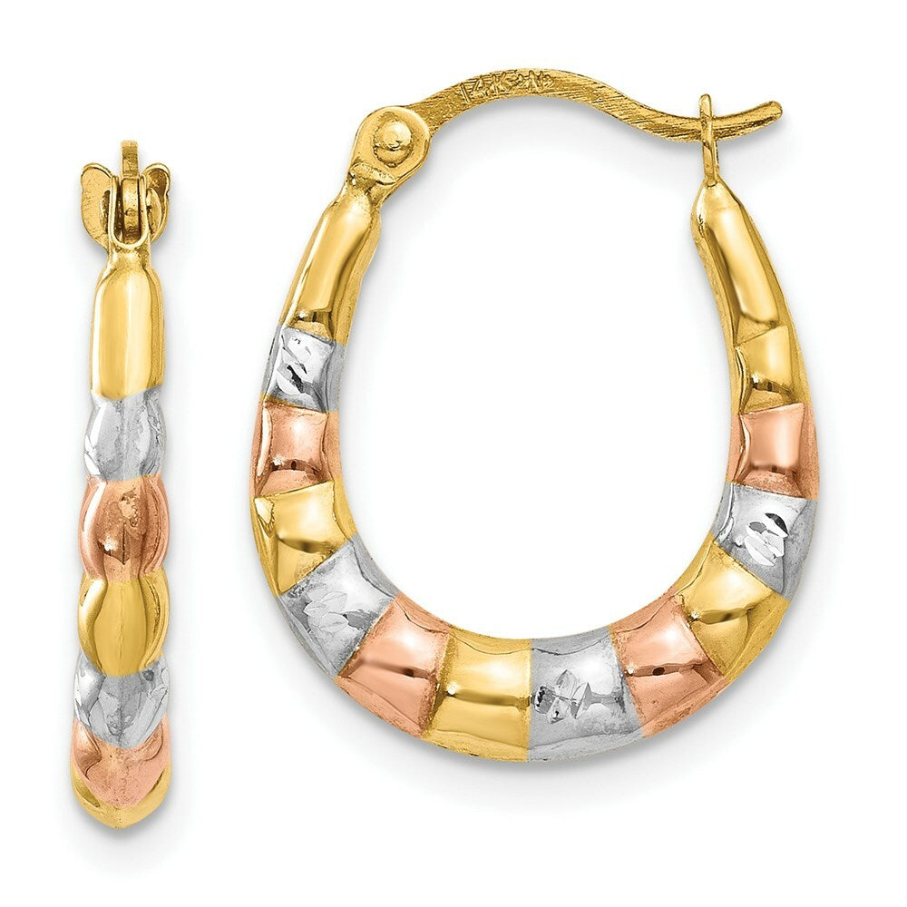 14K Yellow Gold & White and Rose Rhodium Hollow Scalloped Hoop Earrings  14mm width