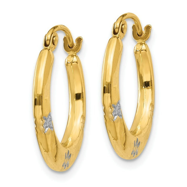 14K Yellow Gold & Rhodium Flowers Hollow Hoop Earrings  17mm width