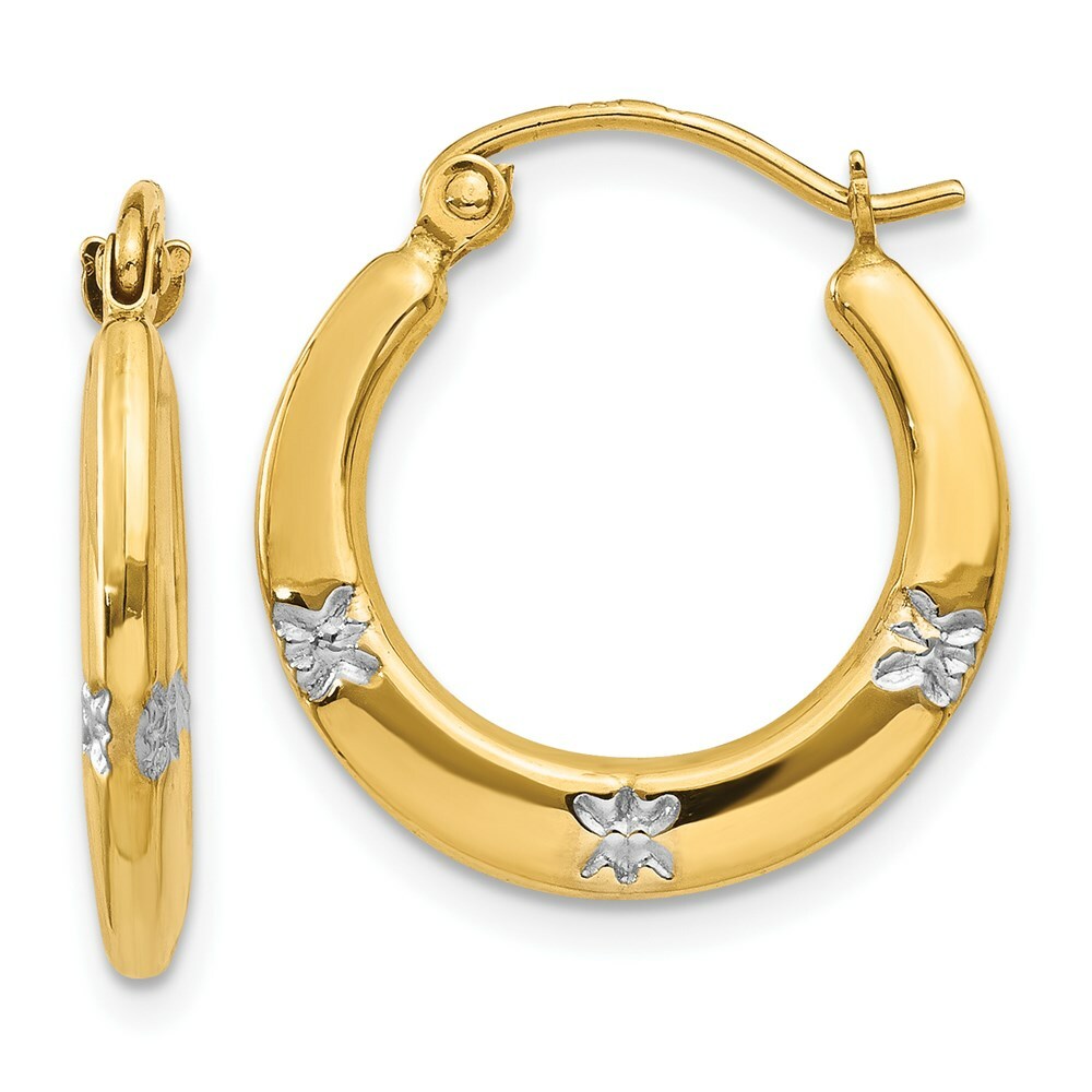 14K Yellow Gold & Rhodium Flowers Hollow Hoop Earrings  17mm width